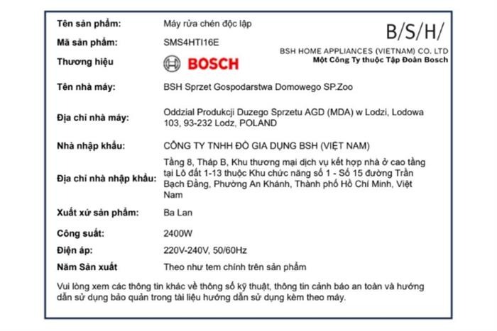 Máy rửa chén độc lập Bosch SMS4HTI16E - 13 Bộ Châu Âu